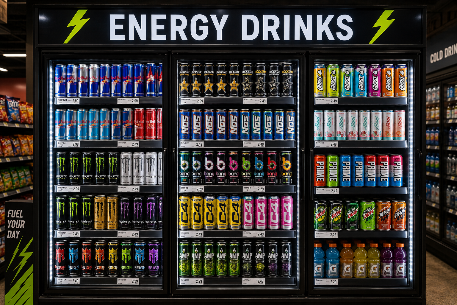 Refrigerated supermarket energy drink cooler for grocery retail buyers
