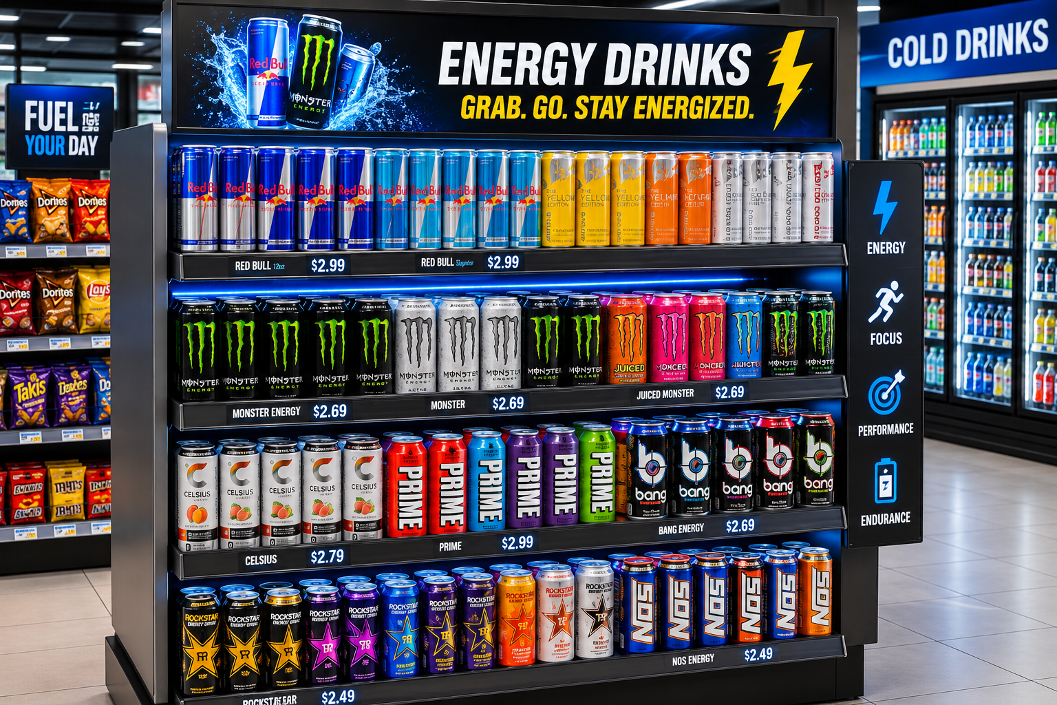 Grab-and-go energy drink display for gas station retail buyers