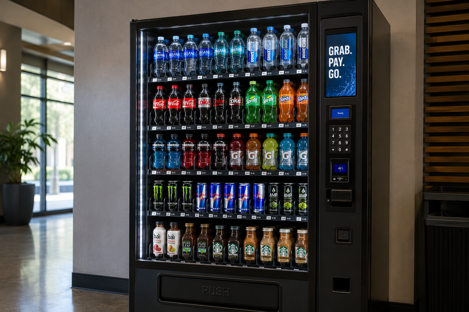 Beverage vending machine stocked with energy drinks for wholesale vending supply