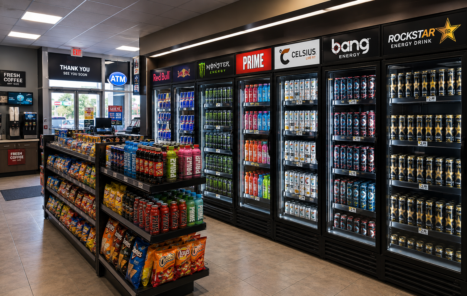 Convenience store beverage aisle with energy drinks for retail buyers