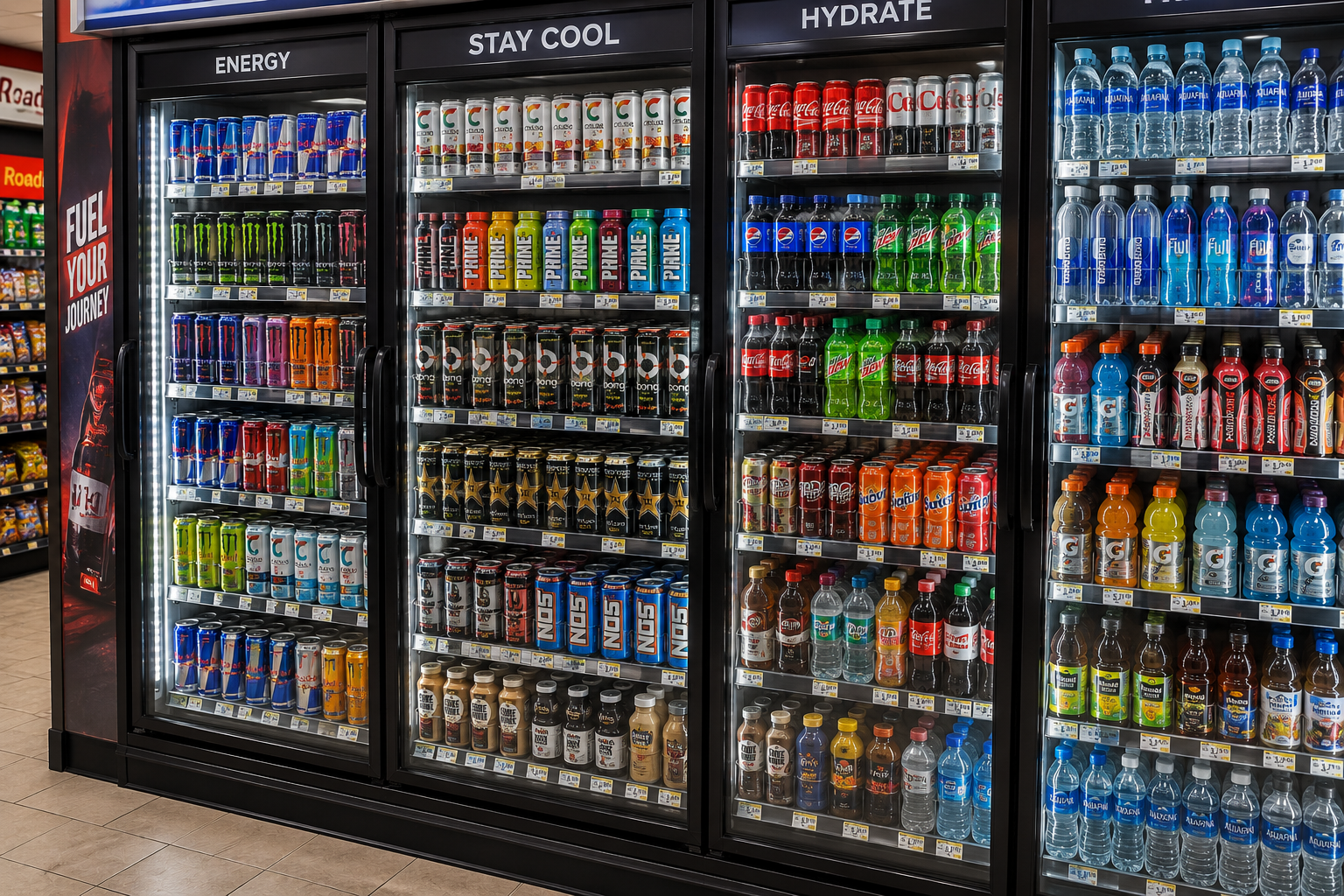 Gas station beverage cooler stocked with energy drinks for wholesale supply