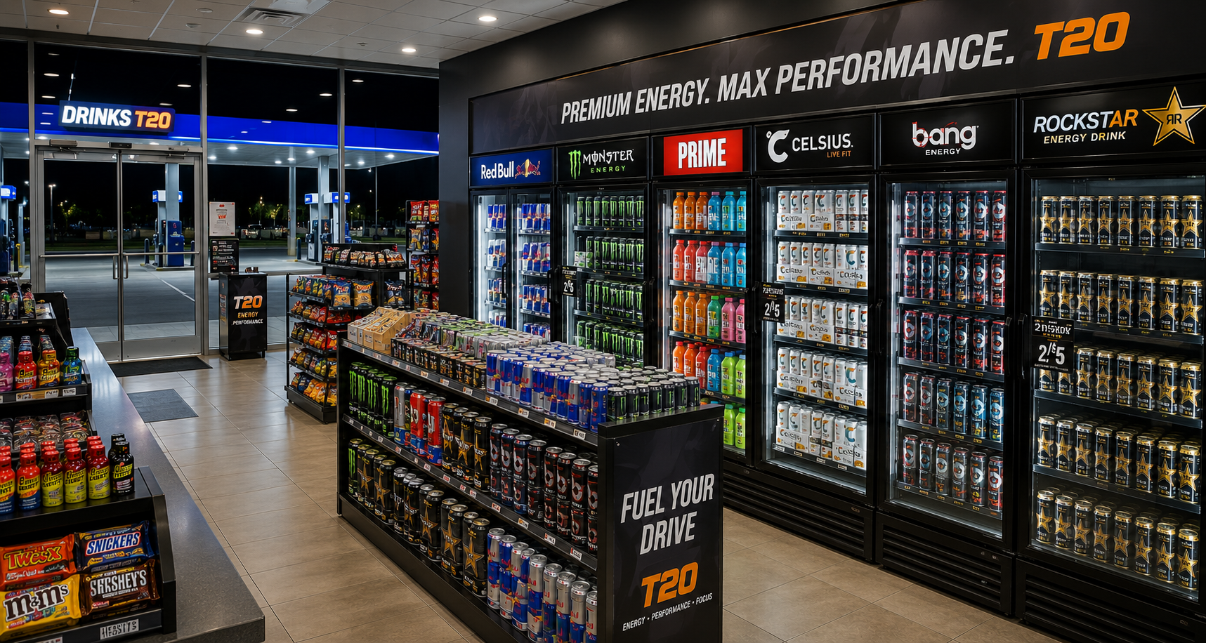 Convenience store energy drink cooler display for wholesale supply
