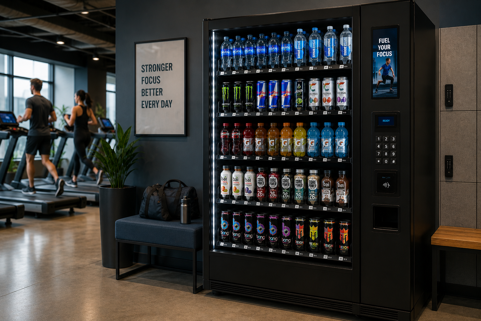 Fitness center vending machine offering energy drinks and beverages