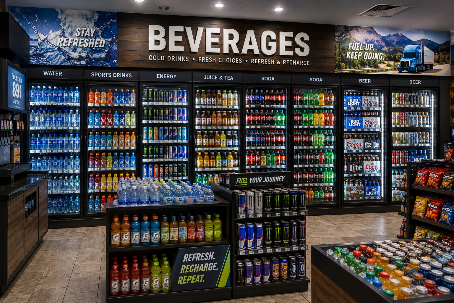 Travel center beverage section with energy drink supply for commercial buyers