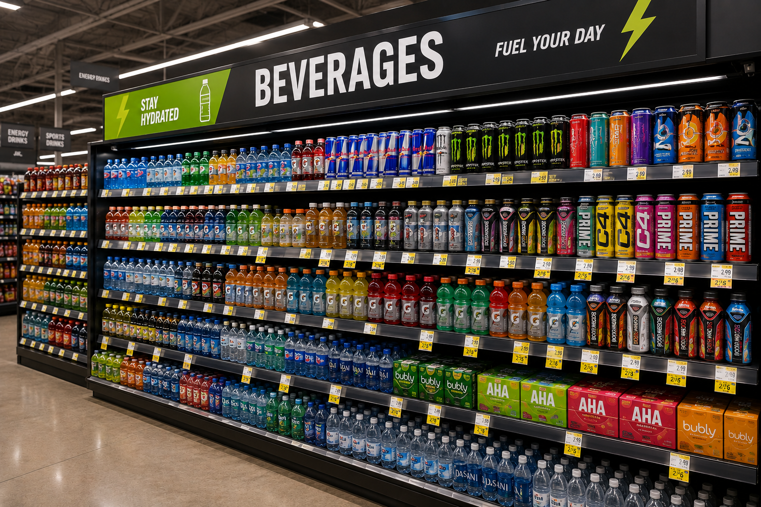 Grocery store beverage section for supermarket energy drink wholesale supply
