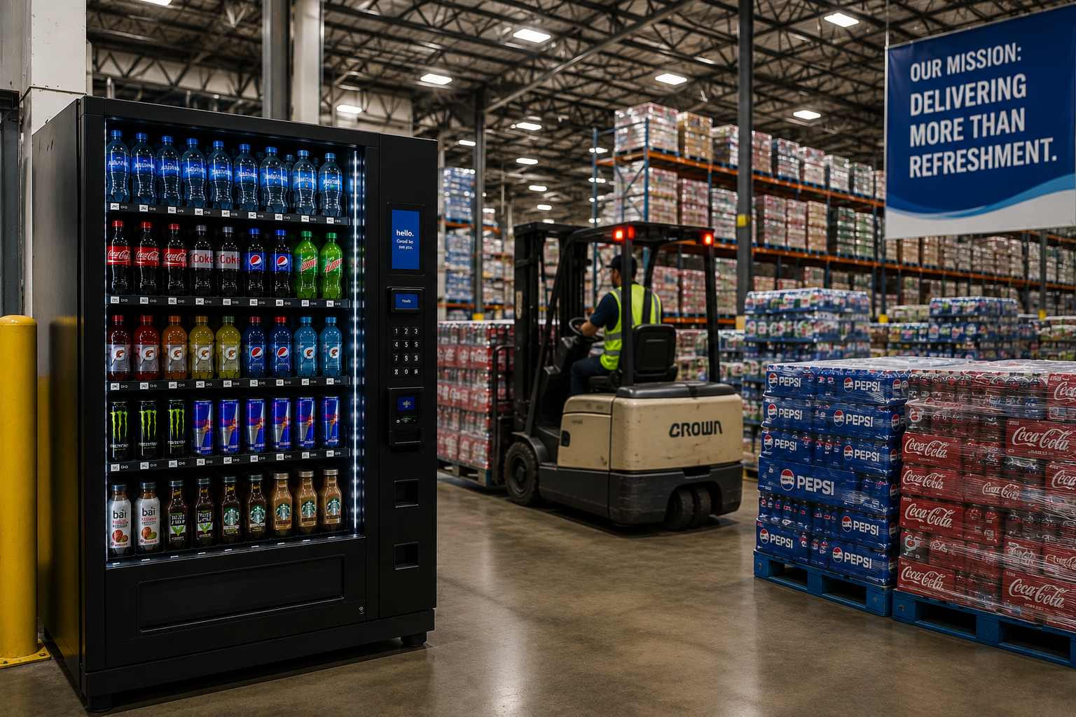 Wholesale beverage distribution warehouse supporting energy drink supply operations