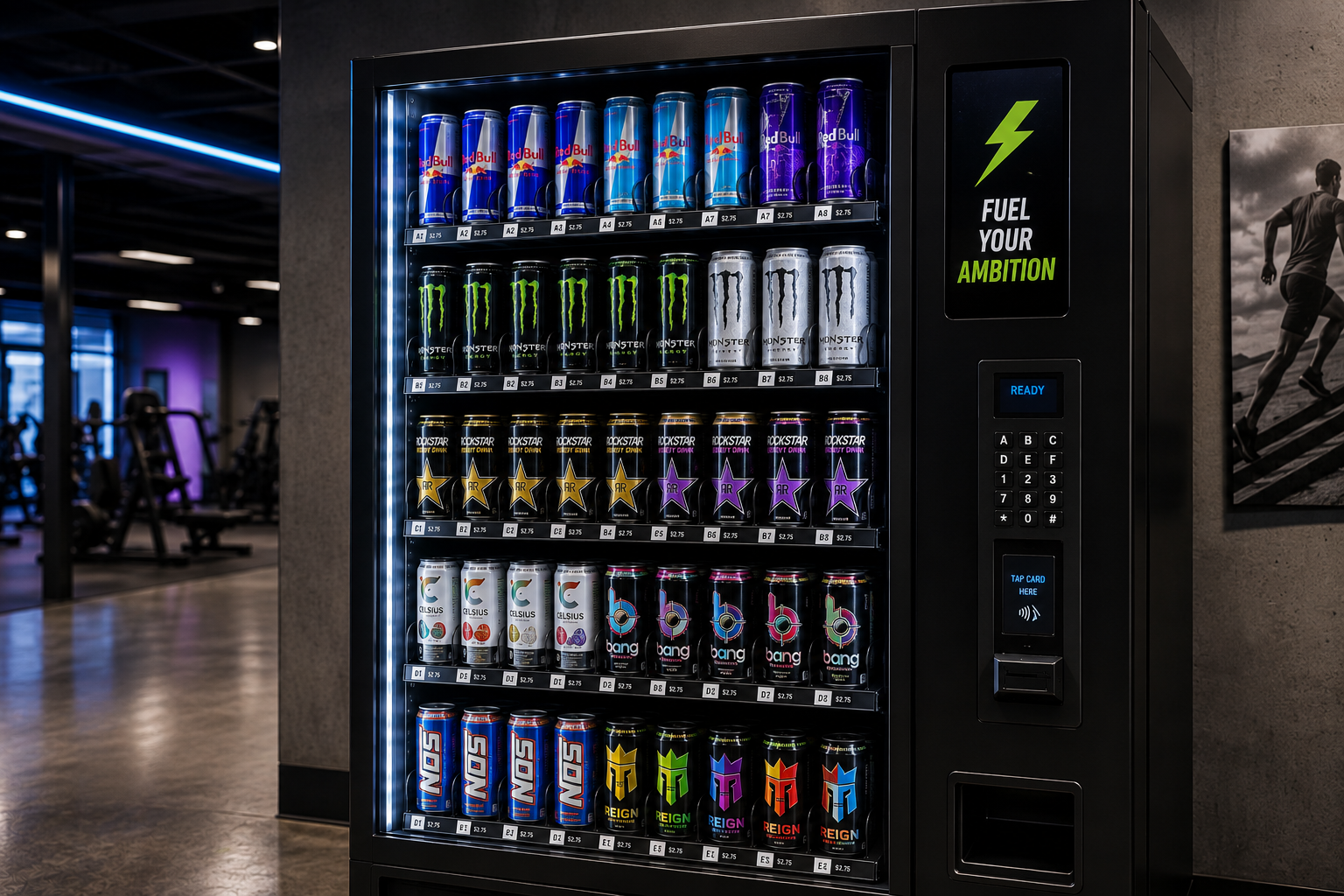 Energy drinks stocked inside vending machines for workplace, fitness center, and commercial vending programs