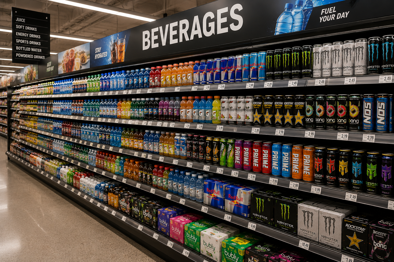 Supermarket beverage aisle stocked with energy drinks for wholesale supply