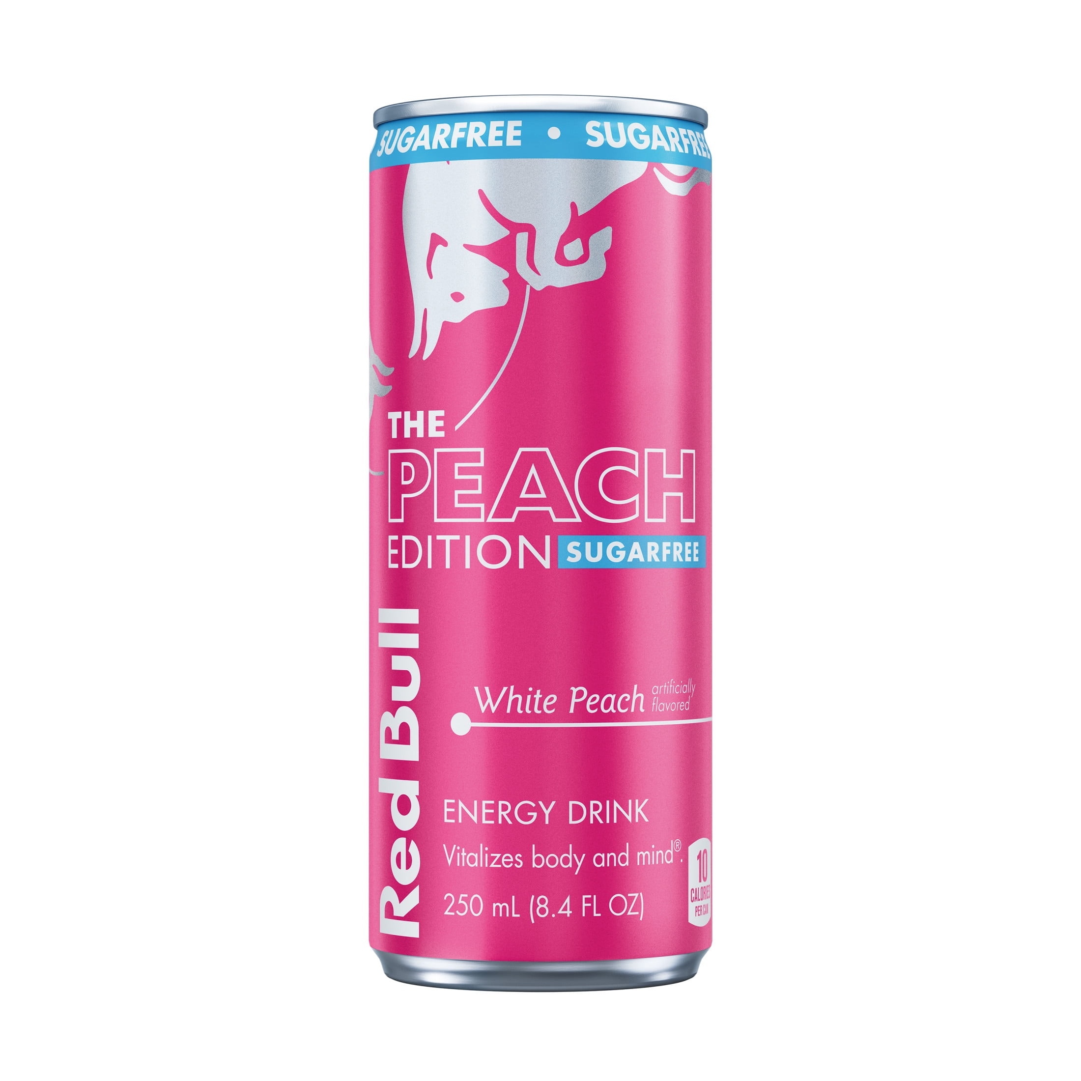 Red Bull Peach Edition Sugarfree 8.4 fl oz pink can, White Peach
