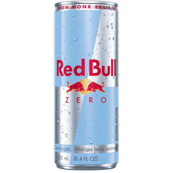 Red Bull Zero 8.4 fl oz light blue can with monk fruit sweetener