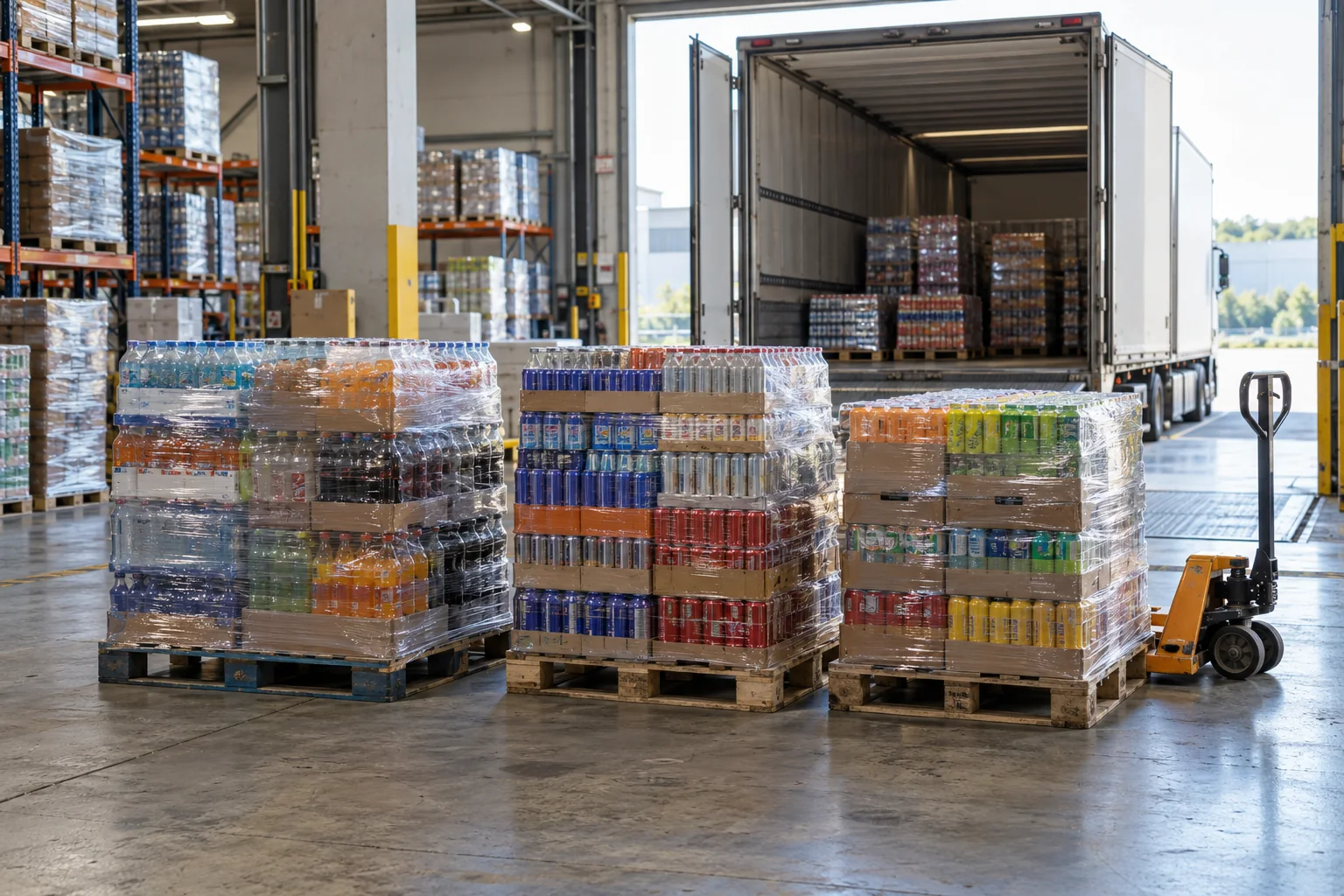 Illustrative energy drink pallets staged beside a truck at a warehouse loading bay