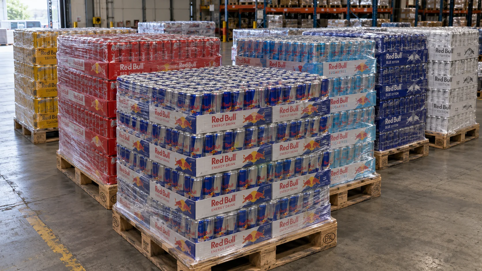 Illustrative Red Bull variety pallets staged in a warehouse