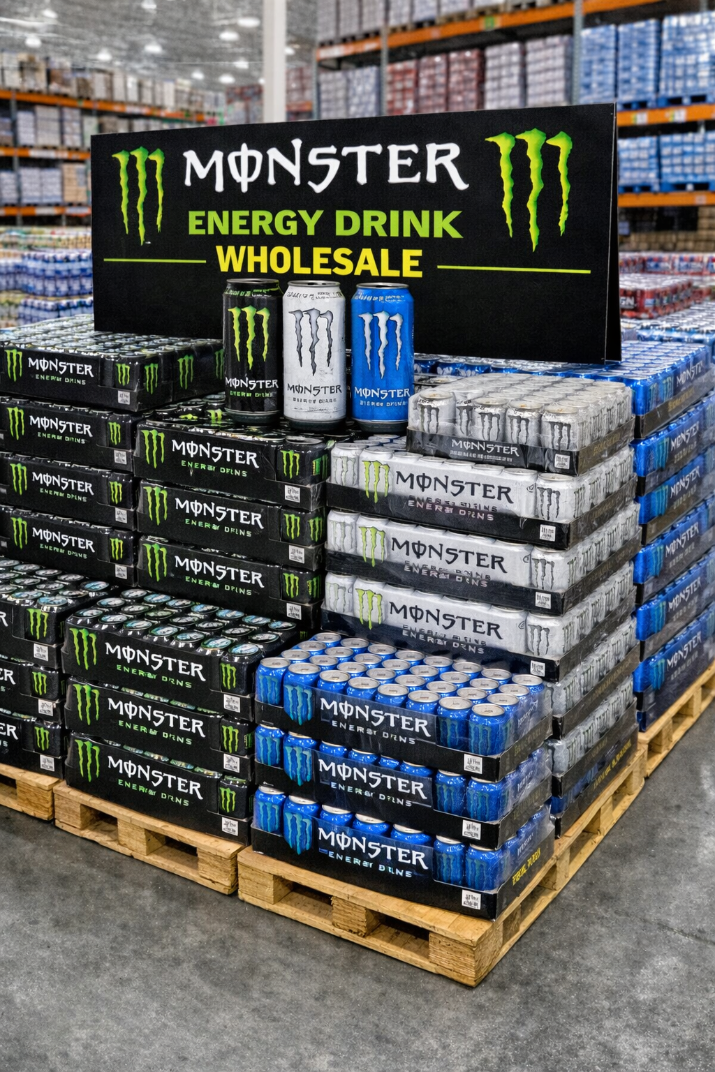 Monster Energy wholesale pallets for commercial distribution