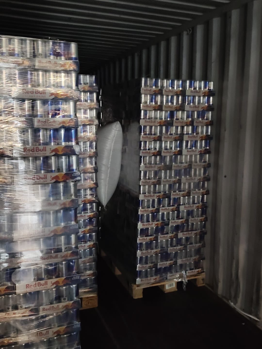 Energy drink pallets stored at a warehouse